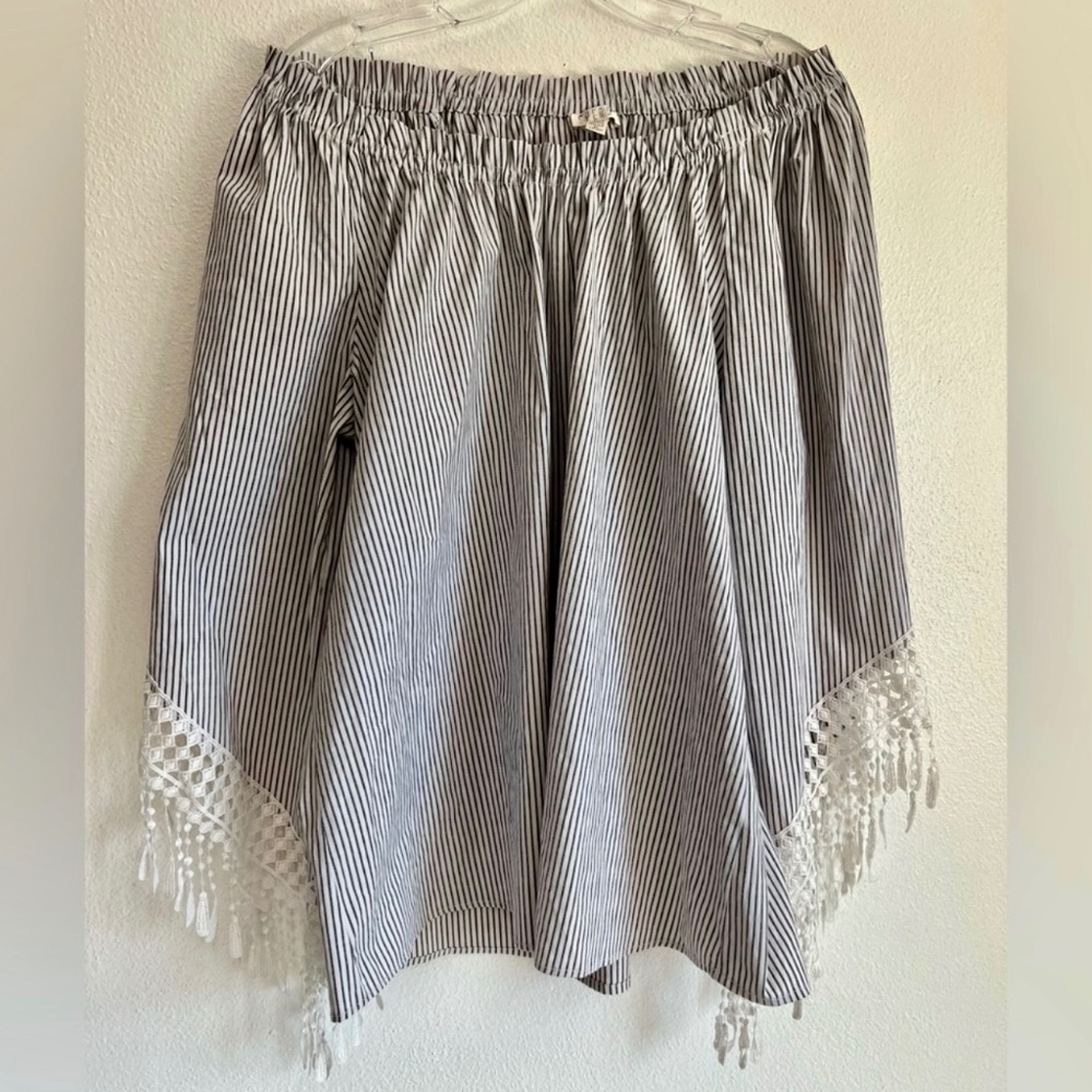 Spense Boho Festival Fringe Off-the-Shoulder Gray White Striped Blouse Top XL‎